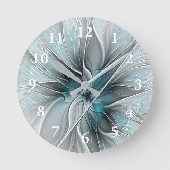 Floral Fractal Modern Abstract Flower Blue Grey Round Clock (Front)