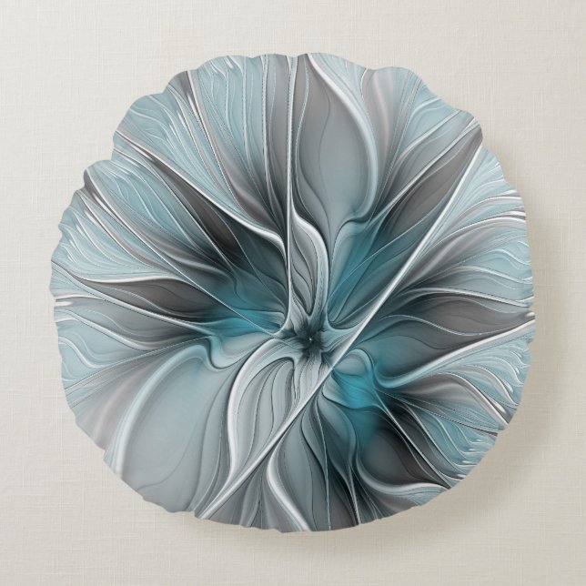 Floral Fractal Modern Abstract Flower Blue Grey Round Pillow (Front)
