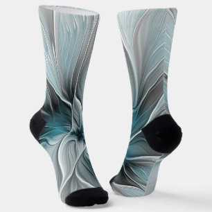 Floral Fractal Modern Abstract Flower Blue Grey Socks