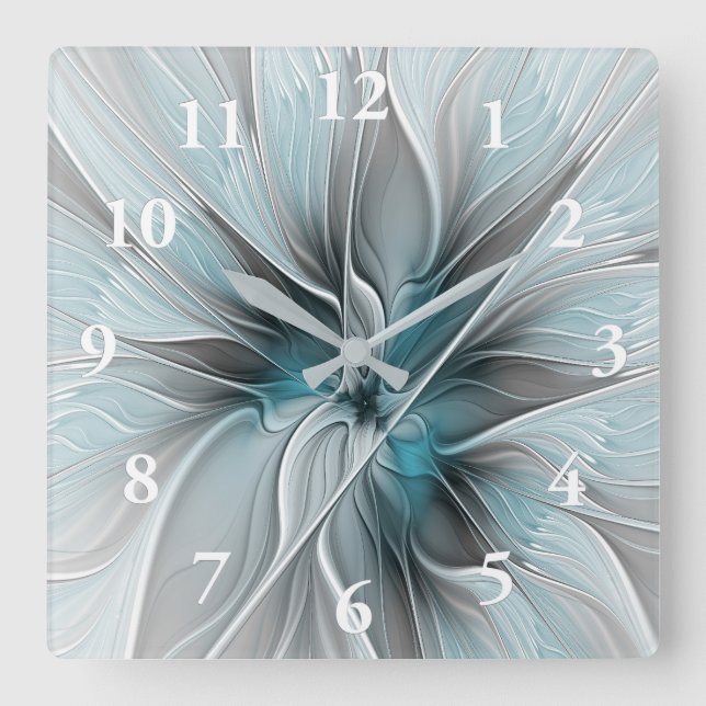 Floral Fractal Modern Abstract Flower Blue Grey Square Wall Clock (Front)
