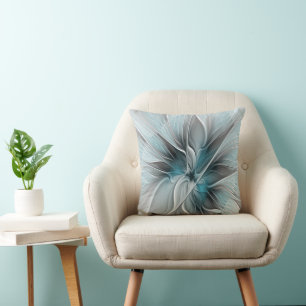 Floral Fractal Modern Abstract Flower Blue Grey Throw Pillow
