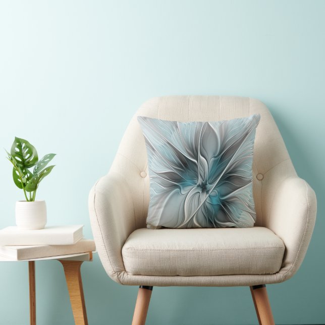 Floral Fractal Modern Abstract Flower Blue Grey Throw Pillow (Chair)