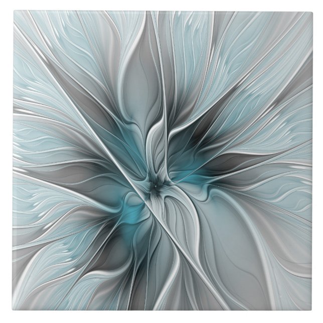 Floral Fractal Modern Abstract Flower Blue Grey Tile (Front)