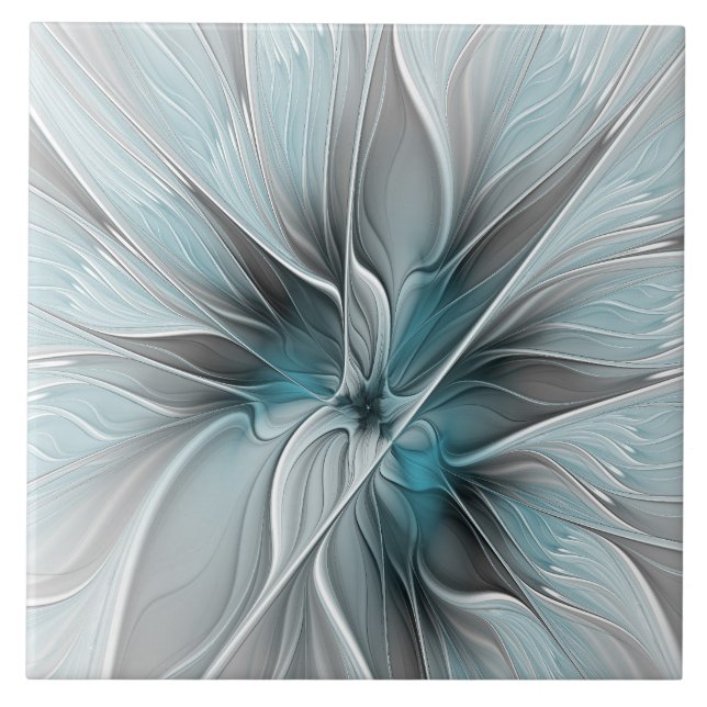 Floral Fractal Modern Abstract Flower Blue Grey Tile (Front)
