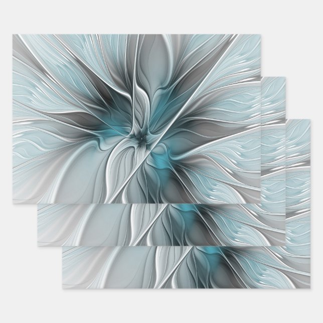 Floral Fractal Modern Abstract Flower Blue Grey Wrapping Paper Sheet (Set)
