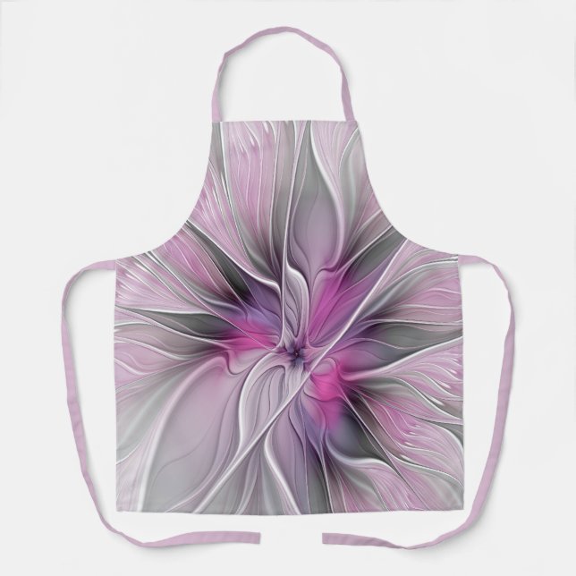 Floral Fractal Modern Abstract Flower Pink Grey Apron (Front)