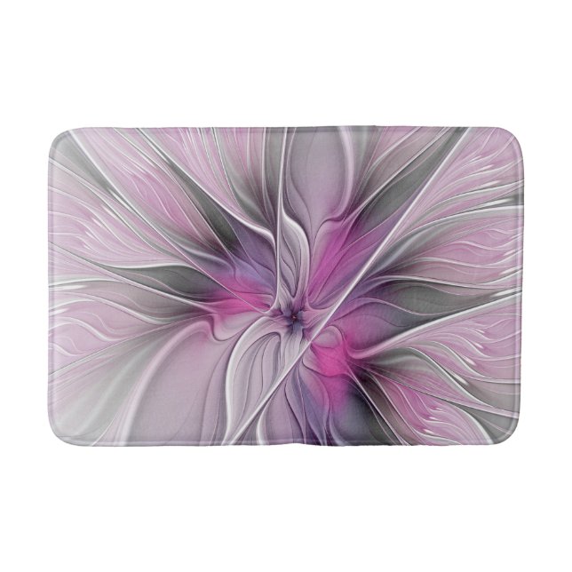 Floral Fractal Modern Abstract Flower Pink Grey Bath Mat (Front)