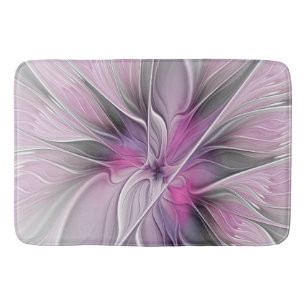 Floral Fractal Modern Abstract Flower Pink Grey Bath Mat