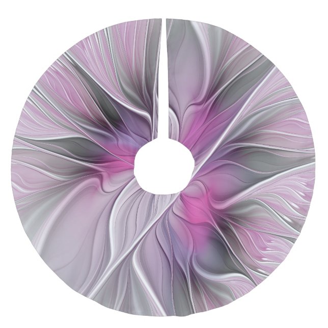 Floral Fractal Modern Abstract Flower Pink Grey Brushed Polyester Tree Skirt (Front)