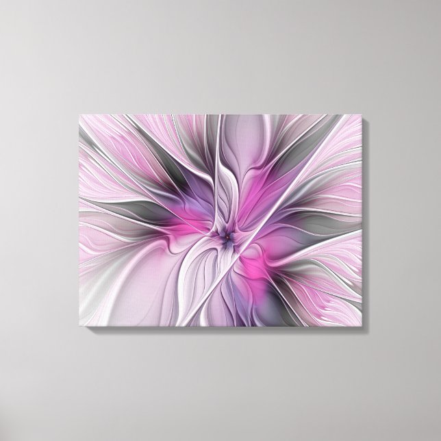 Floral Fractal Modern Abstract Flower Pink Grey Canvas Print (Front)