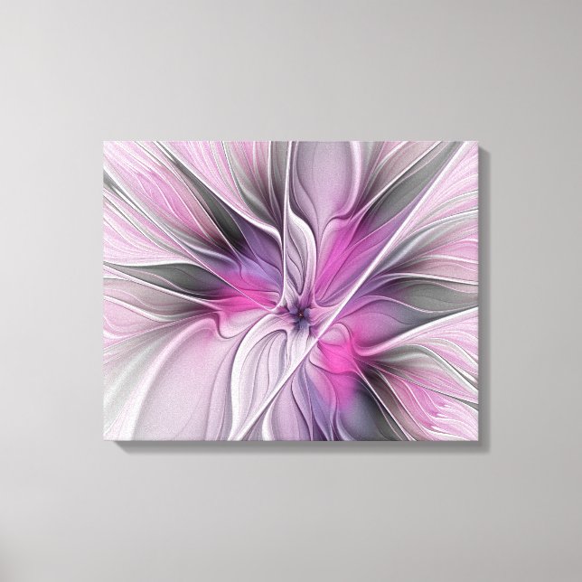 Floral Fractal Modern Abstract Flower Pink Grey Canvas Print (Front)