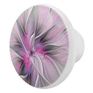 Floral Fractal Modern Abstract Flower Pink Grey Ceramic Knob