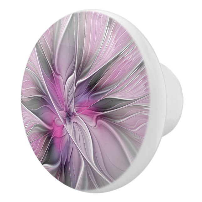 Floral Fractal Modern Abstract Flower Pink Grey Ceramic Knob (Right)