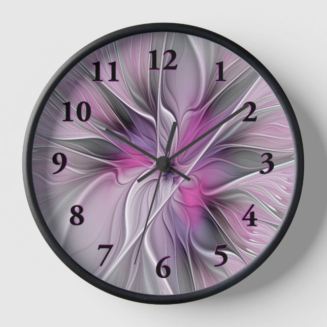 Floral Fractal Modern Abstract Flower Pink Grey Clock (Front)
