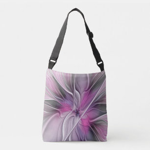 Floral Fractal Modern Abstract Flower Pink Grey Crossbody Bag