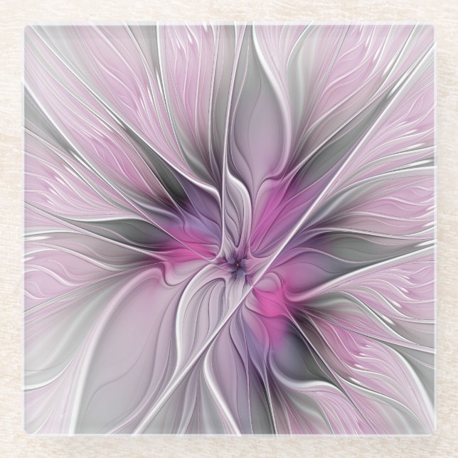 Floral Fractal Modern Abstract Flower Pink Grey Glass Coaster (Front)