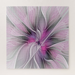 Floral Fractal Modern Abstract Flower Pink Grey Jigsaw Puzzle