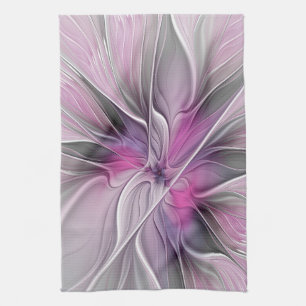 Floral Fractal Modern Abstract Flower Pink Grey Kitchen Towel