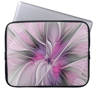 Floral Fractal Modern Abstract Flower Pink Grey Laptop Sleeve