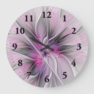 Floral Fractal Modern Abstract Flower Pink Grey Large Clock