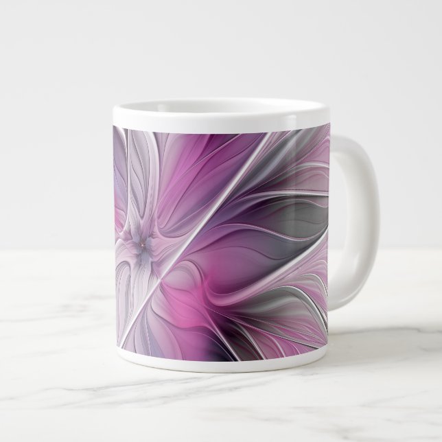 Floral Fractal Modern Abstract Flower Pink Grey Large Coffee Mug (Front Right)