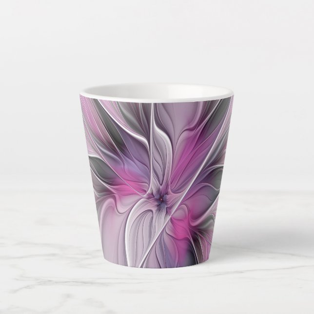 Floral Fractal Modern Abstract Flower Pink Grey Latte Mug (Front)