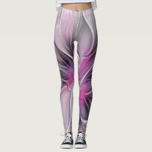 Floral Fractal Modern Abstract Flower Pink Grey Leggings