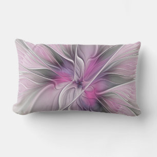 Floral Fractal Modern Abstract Flower Pink Grey Lumbar Pillow