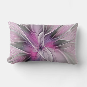 Floral Fractal Modern Abstract Flower Pink Grey Lumbar Pillow
