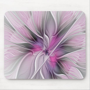 Floral Fractal Modern Abstract Flower Pink Grey Mouse Pad