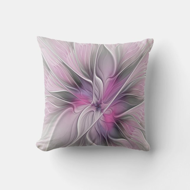 Floral Fractal Modern Abstract Flower Pink Grey Outdoor Pillow (Front)