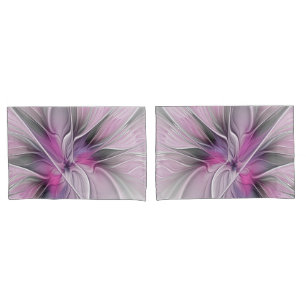 Floral Fractal Modern Abstract Flower Pink Grey Pillowcase