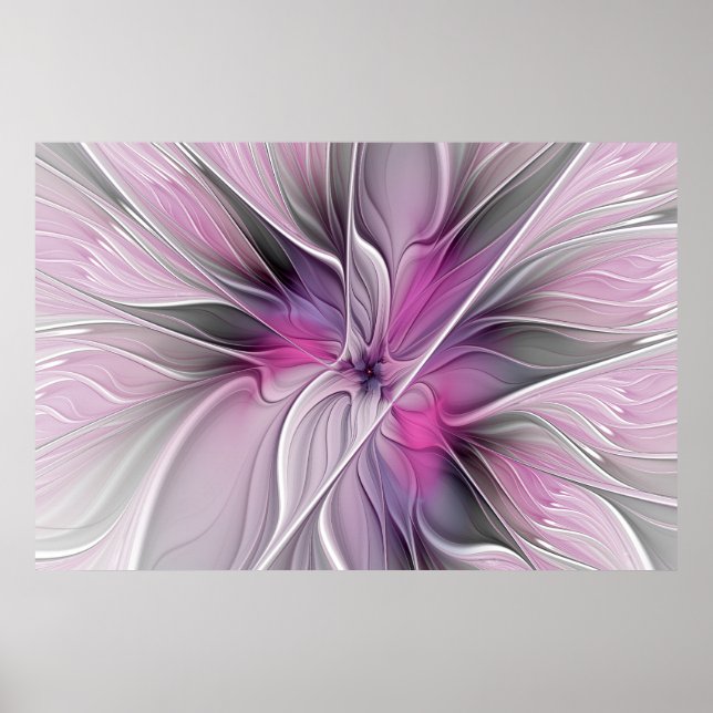 Floral Fractal Modern Abstract Flower Pink Grey Poster (Front)