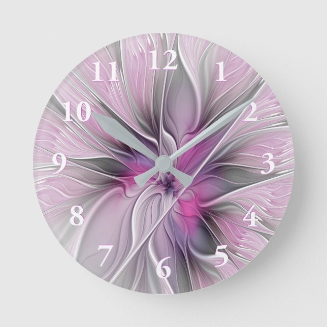 Floral Fractal Modern Abstract Flower Pink Grey Round Clock (Front)