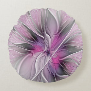 Floral Fractal Modern Abstract Flower Pink Grey Round Pillow