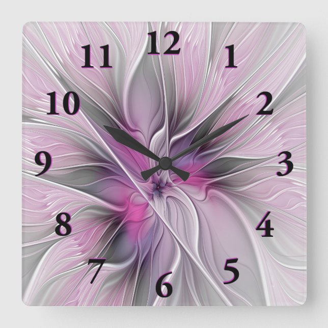 Floral Fractal Modern Abstract Flower Pink Grey Square Wall Clock (Front)