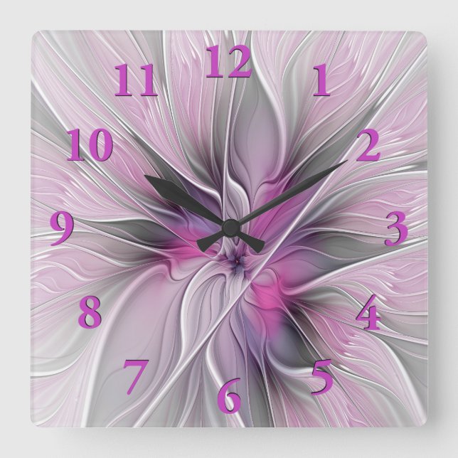 Floral Fractal Modern Abstract Flower Pink Grey Square Wall Clock (Front)