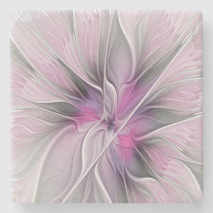 Floral Fractal Modern Abstract Flower Pink Grey Stone Coaster