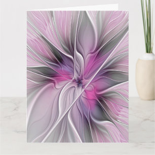 Floral Fractal Modern Abstract Flower Pink Grey Thank You Card