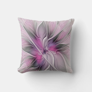 Floral Fractal Modern Abstract Flower Pink Grey Throw Pillow