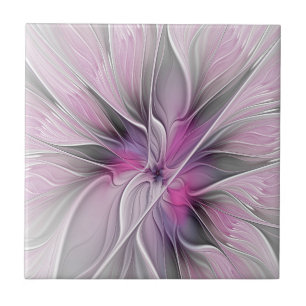 Floral Fractal Modern Abstract Flower Pink Grey Tile