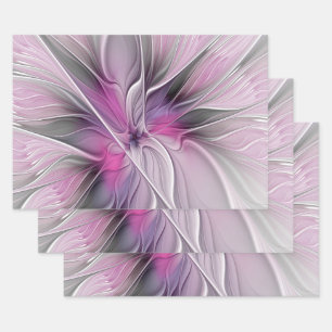 Floral Fractal Modern Abstract Flower Pink Grey Wrapping Paper Sheet