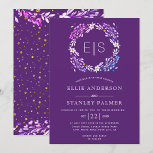 Floral frame and gold confetti purple wedding invitation
