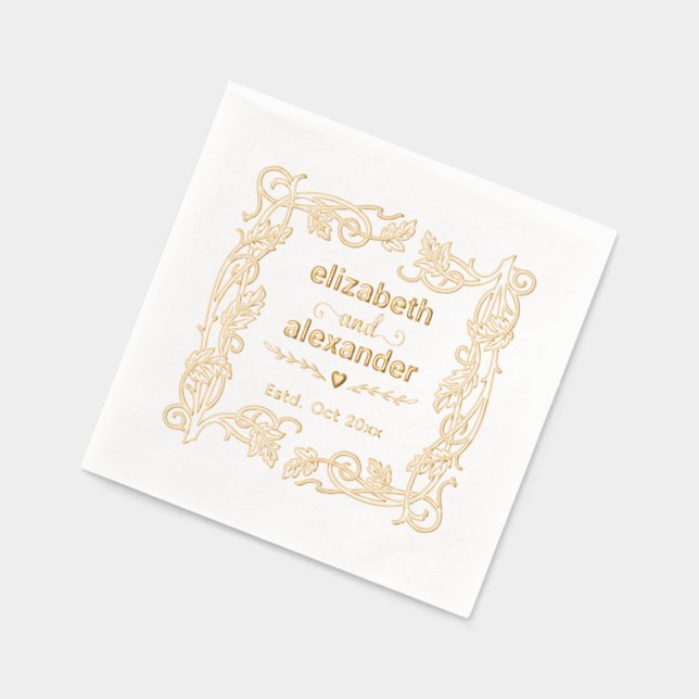 Floral Frame Bride Groom Names Wedding Couple Foil Napkins (Left)