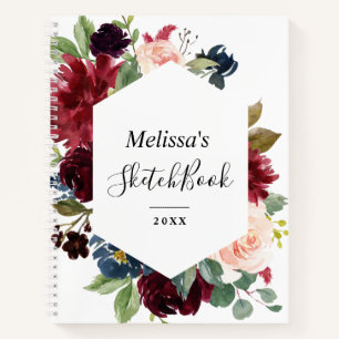 floral frame burgundy navy personal sketchbook notebook