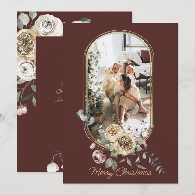 Floral Frame Christmas Holiday Photo Personalized Card (Front/Back)