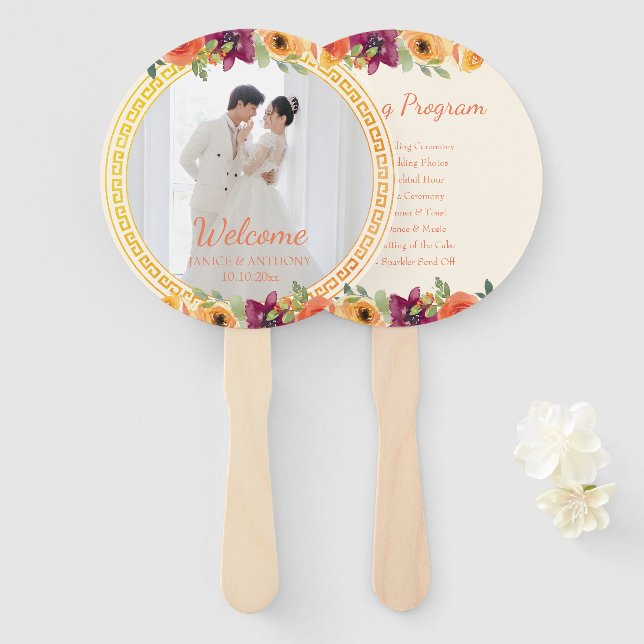 Floral frame couple photo beige wedding program hand fan (Front and Back)