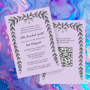 Floral Frame Custom QR Code Modern BarBat Mitzvah Invitation