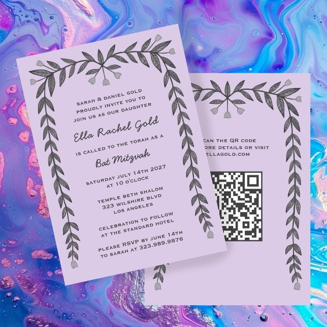 Floral Frame Custom QR Code Modern BarBat Mitzvah  Invitation (Floral Frame Custom QR Code Modern BarBat Mitzvah Invitation
)