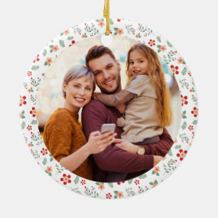 Floral Frame Family Photo Christmas Ceramic Ornament